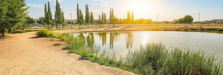 Sunny park pond with pathway