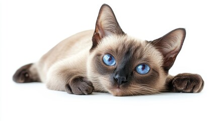 Siamese cat relaxing on white surface indoor setting pet photography calm environment close-up view feline beauty
