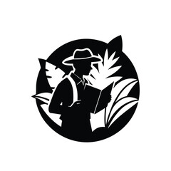 explorer with a map in jungle silhouette vector