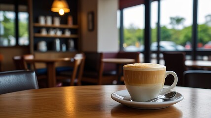 Fototapeta premium Hot latte coffee put on table in cafe restaurant drink breakfast in the morning day