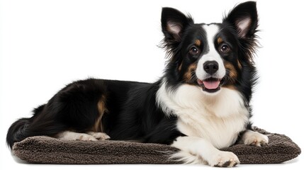 Fototapeta premium Playful dog relaxing on a cozy mat indoors captured in a bright and cheerful setting