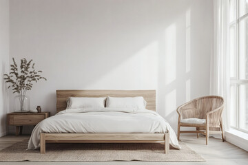 Fototapeta premium Bright Minimalist Bedroom with Wooden Bed Frame and Natural Light Through Window in Modern Interior Design and Wicker Chair
