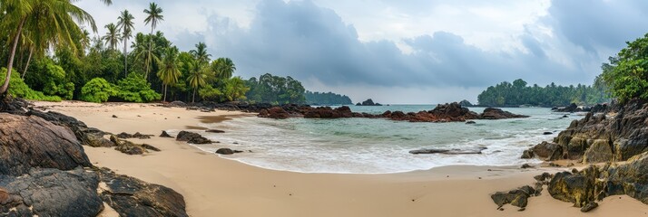 Obraz premium A tranquil tropical beach features soft sand, scattered rocks, and vibrant green palm trees. The sky is overcast, creating a calm atmosphere near the water's edge