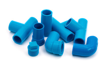 Variety of plumbing accessories in bright blue colorisolated on white background