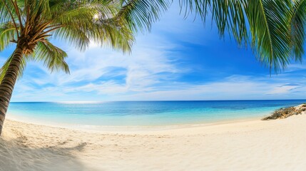 Obraz premium A tranquil tropical beach showcases white sand and crystal clear waters under a vast blue sky. Palm trees provide shade, creating a perfect relaxation spot for visitors