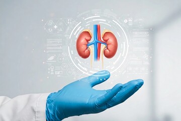 A doctor in a white coat and blue gloves holds a futuristic digital illustration of human kidneys. The concept represents nephrology, kidney health, medical research, and innovative healthcare.

