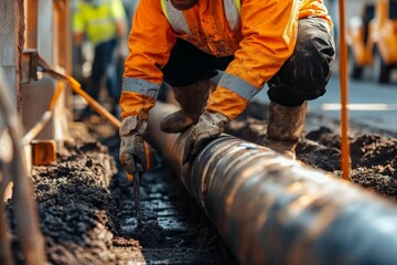 A construction worker expertly installs underground utility pipes.