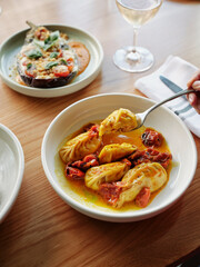 Sardinian Culurgiones (Pasta) in Oven-Roasted Cherry Tomato Sauce with Pinot Grigio and Roasted Eggplant Appetizer