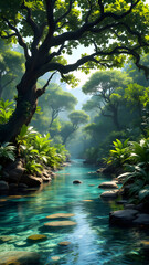 Fantasy Forest River with Green Canopy