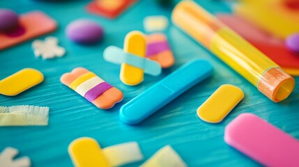 Colorful craft supplies on a teal background.