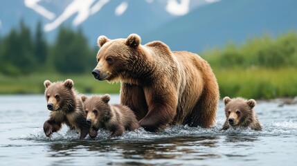 Obraz premium Grizzly bear family foraging in a river alaska wilderness wildlife photography natural habitat scenic view