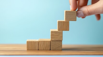Hand places a wooden block atop a staircase-like arrangement of blocks on a wooden surface. The background features a soft blue hue, emphasizing the simplicity of the setup