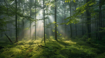 Obraz premium Through Sunlight Tre Soft With The Filtering Forest Misty