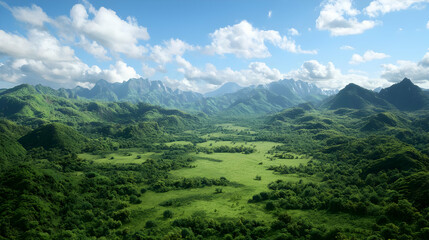 Obraz premium Aerial View Of Lush Tropical Valley With Mountains And Clouds