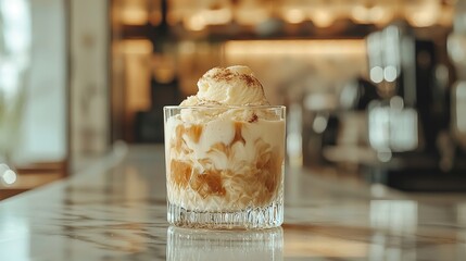 Delicious dessert beverage with ice cream and creamy toppings in a glass