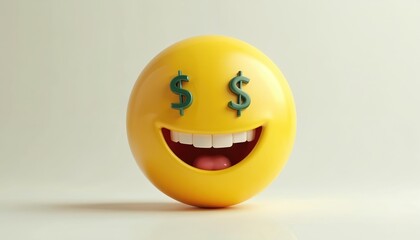 Emoji with dollar signs eyes smiles. Symbol of wealth, prosperity, financial success. Money-focused finance, investment, business profits. Represents riches, positive attitude, joy, happiness.