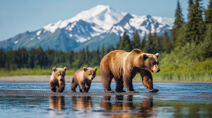 Grizzly bear family walking along a river in alaska wildlife photography natural habitat scenic view