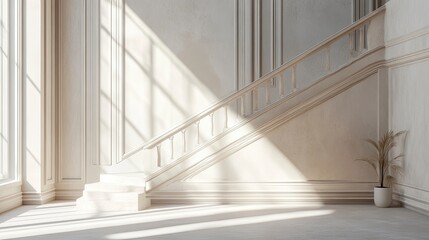 Obraz premium Bright Interior with Staircase Plant and Sunlight Streaming Through Large Window