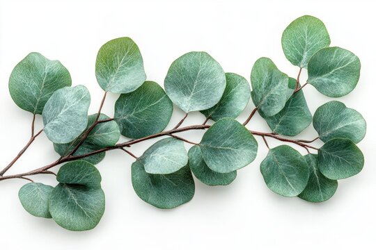 botanical study of eucalyptus branch with silvergreen leaves against clean white background detailed texture showing natural patterns