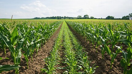 Naklejka premium A lush cornfield with vibrant green crops stretching into the horizon, representing Earth Day themes of sustainability, growth, and nature abundance