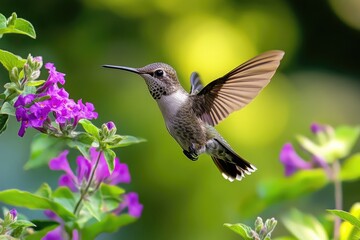 Fototapeta premium A hummingbird in flight, hovering near purple flowers