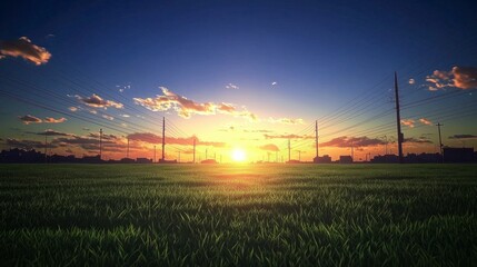 Obraz premium Serene Sunset Grassy Field City Skyline Power Lines