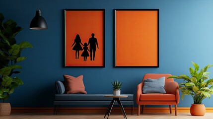 Stylish Living Room Interior with Family Portrait and Blank Frame
