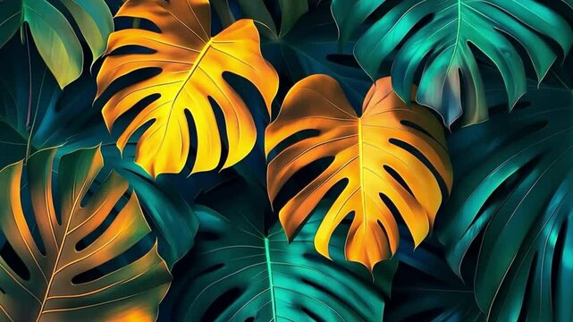 Close-up of vibrant yellow and teal monstera leaves overlapping, forming a lush and exotic tropical background