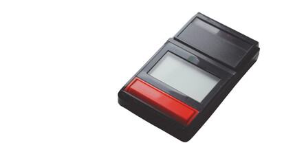 Vintage pocket calculator with red button and transparent background