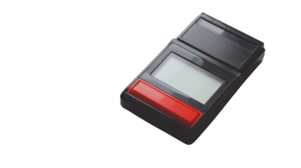 Vintage pocket calculator with red button and transparent background