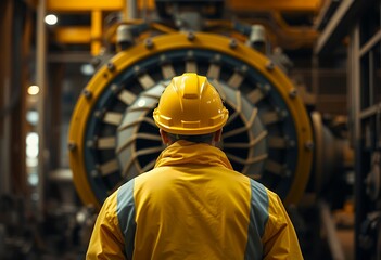 Worker Inspecting Large Turbine Machinery in Industrial Setting with Safety Gear