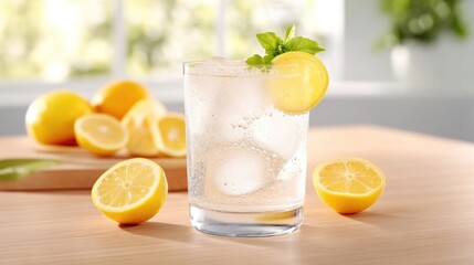 Fototapeta premium Refreshing Sparkling Water with Lemon and Mint