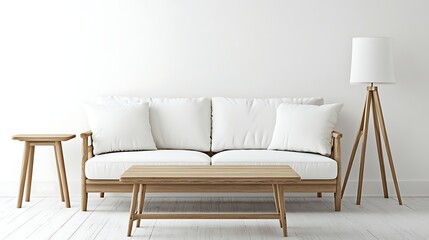 Modern white living room with sofa, coffee table and floor lamp, ideal home design