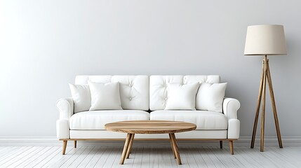 Cozy interior with white sofa, coffee table, floor lamp, and minimalist wall background