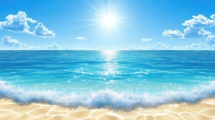 Fototapeta premium The sun shines brightly, illuminating the calm ocean waters as gentle waves lap against the shore. A clear blue sky enhances the serene beach atmosphere