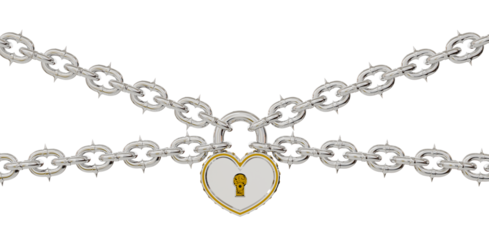 Edgy 3D heart padlock with thorn chains. A striking fashion accessory symbolizing love, pain, or restriction.