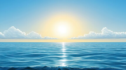 Fototapeta premium Bright sun rises above the tranquil ocean, illuminating the water and clouds in a serene landscape. The scene captures a peaceful moment at dawn, showcasing natural beauty