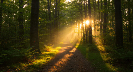 Sunbeams Illuminate Misty Forest Path at Dawn