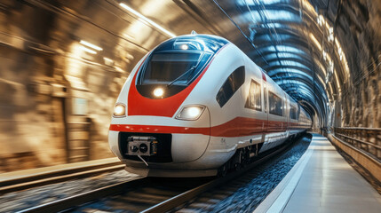 Naklejka premium High speed train traveling through tunnel, showcasing motion and modern design. sleek exterior and dynamic environment create exciting atmosphere
