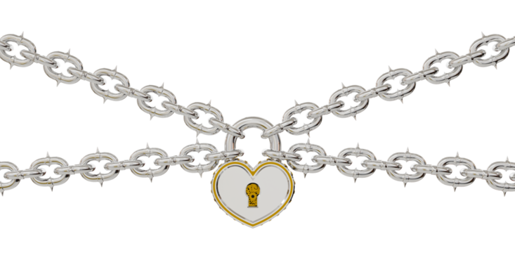Edgy 3D heart padlock with thorn chains. A striking fashion accessory symbolizing love, pain, or restriction.