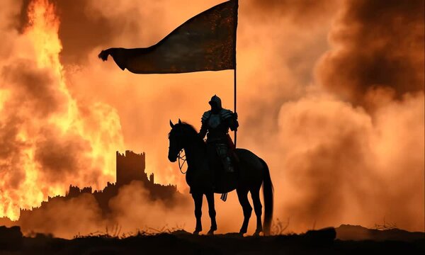 Medieval Warrior Riding Horse Across Battlefield, Holding Torn Flag with View of Destroyed and Burning Castle