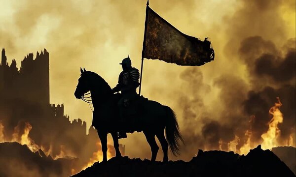 Epic Medieval Warrior on a Horse, Carrying a Battle-Damaged Flag, Witnessing a Castle Engulfed in Fire