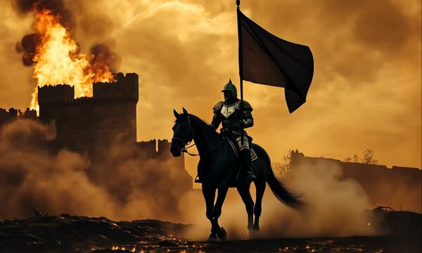 Epic Medieval Warrior on a Horse, Carrying a Battle-Damaged Flag, Witnessing a Castle Engulfed in Fire