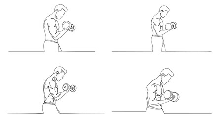 Man Doing Bicep Curls with Dumbbells Line Art Illustration