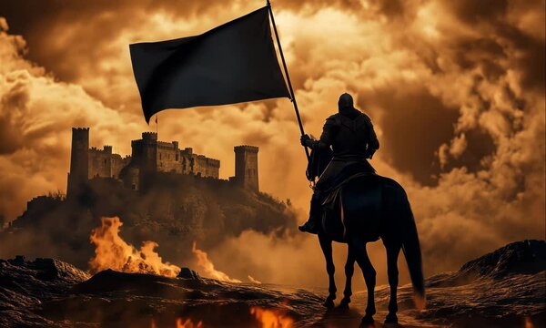 Medieval Warrior Riding Horse Across Battlefield, Holding Torn Flag with View of Destroyed and Burning Castle