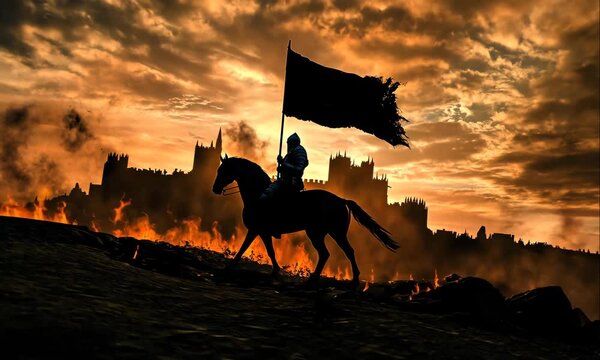 Epic Medieval Warrior on a Horse, Carrying a Battle-Damaged Flag, Witnessing a Castle Engulfed in Fire