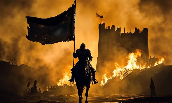 Medieval Warrior Riding Horse Across Battlefield, Holding Torn Flag with View of Destroyed and Burning Castle