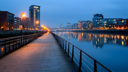 Fototapeta premium Cityscape At Night With A River Pathway Buildings And Illuminated Lights Reflecting On Water Surface