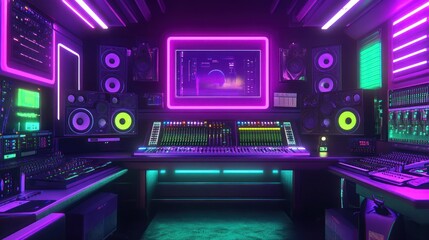 Obraz premium Neon Synthwave Music Studio: A Futuristic Recording Space