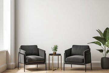 Modern minimalist living room interior with two armchairs and a small table,  natural light